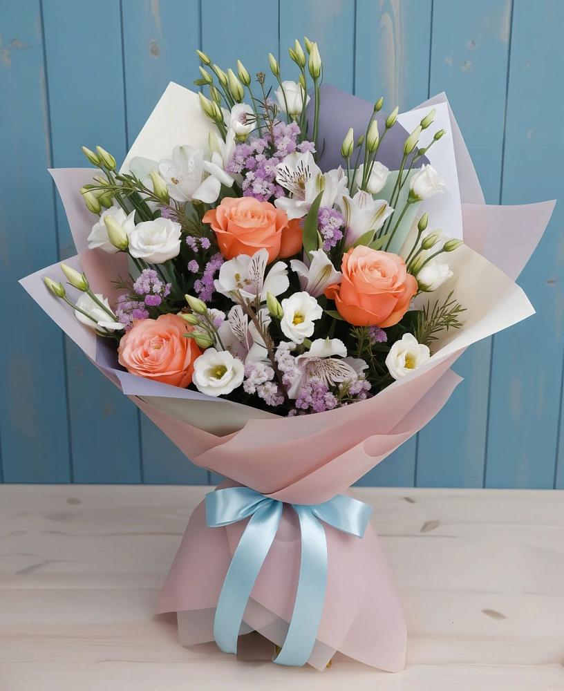 Букет цветов из: Лизиантусы, Розы, Альстромерии и Гипсофила в Бакале