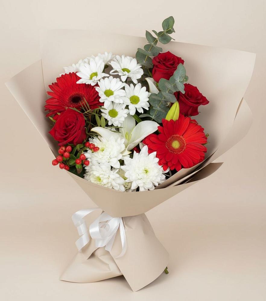Букет цветов из: Розы, Хризантемы, Герберы и Лилии в Бакале