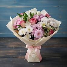 Букет цветов из:  Хризантемы, Альстромерии и Розы в Бакале