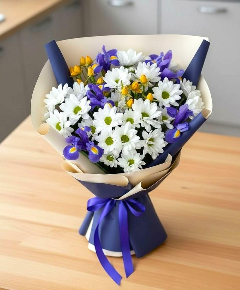 Букет цветов из: Розы, Ирисы и Хризантемы в Бакале