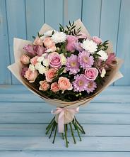 Букет цветов из:  Хризантемы, Розы и Альстромерии в Бакале