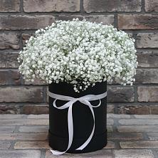 Цветочная композиция из Гипсофила в шляпной коробке в Бакале