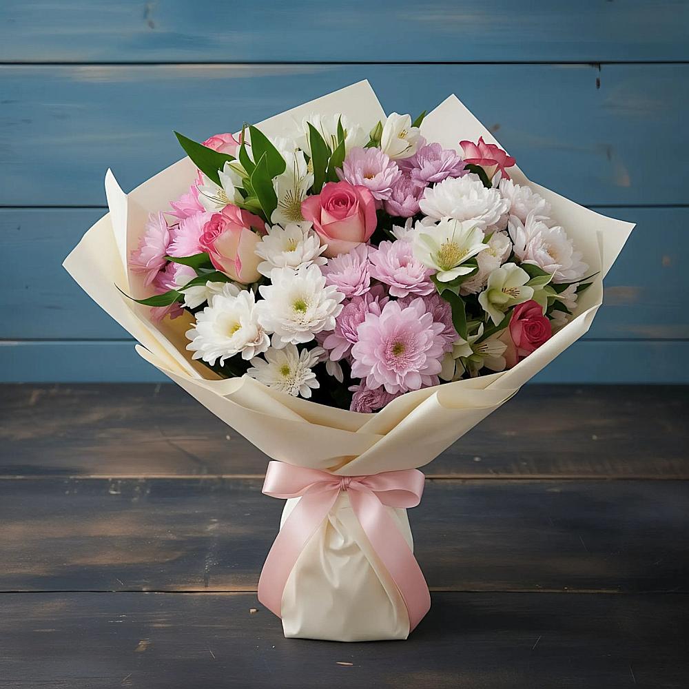 Букет цветов из: Хризантемы, Альстромерии и Розы в Бакале